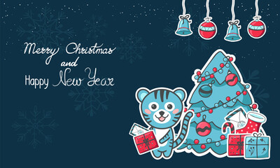 Christmas and New Year banner with Christmas Tree and Cute Tiger Cub with present box and letter for Santa Claus . Symbol of the year 2022. Christmas banner, poster, greeting card