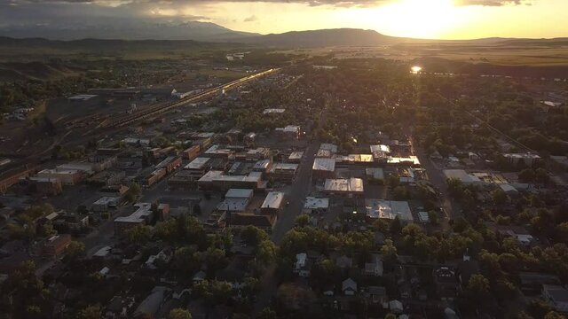 Small mountain town at sunset, Livingston Montana and Crazy Mountains 