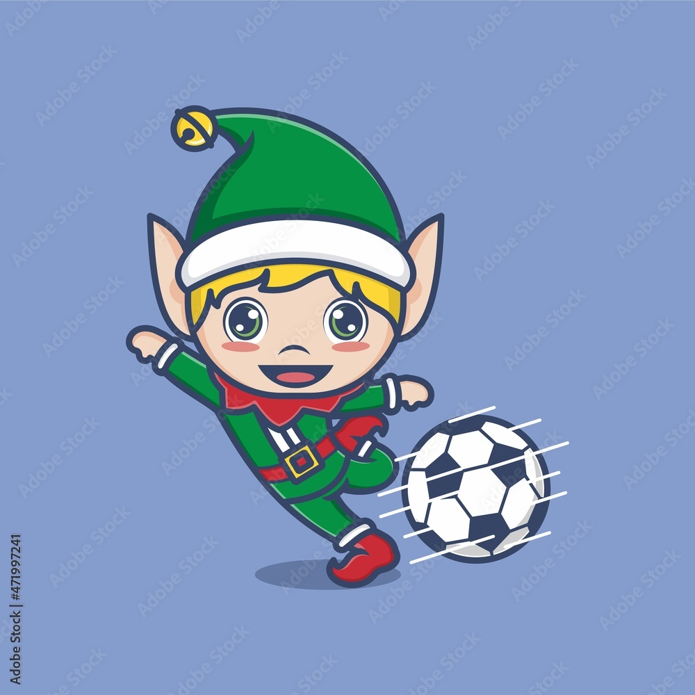 Wall mural cute cartoon elf playing soccer on christmas. vector illustration for mascot logo or sticker - Wall murals