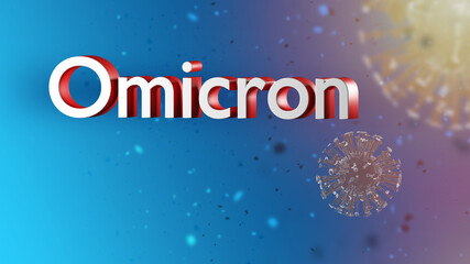 Omicron COVID-19 visualization. Three-dimensional coronavirus logo. Omicron lettering on blue background. SARS-CoV pandemic. Virus epidemic of strain Delta plus. Mutated coronavirus. 3d rendering.