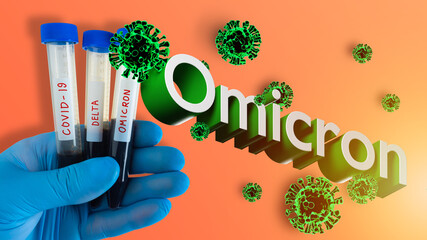 Omicron COVID-19 logo. Detection of coronavirus in human blood. Delta tubes plus virus strain....