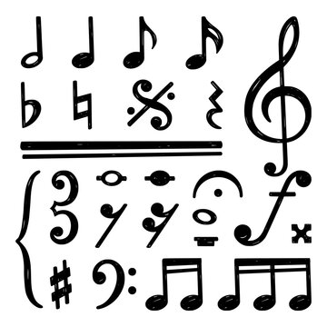 Black music notes. Doodle note, musical key or clef. Tune or song elements, sketch symphony. Isolated art drawing for play on instruments, swanky vector set