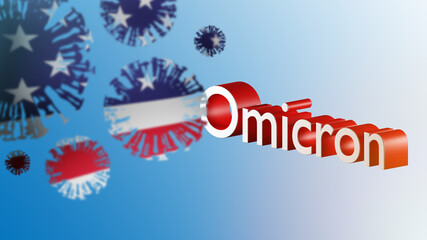 Omicron variant coronavirus logo. COVID-19 pandemic in USA. Coronavirus bacteria in colors of American flag. Spread of new Omicron infection. SARS-CoV-2 and USA symbols on blue. 3d rendering.