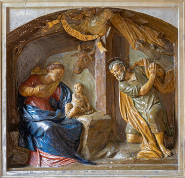 FERRARA, ITALY - NOVEMBER 9, 2021: The stucco relief of Nativity in church Chiesa di San Francesco by Pietro Turchi from 18. cent.