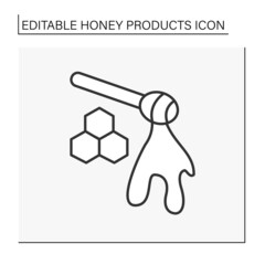 Honey dipper line icon. Tasty natural nectar on a wooden spoon. Sweet sauce. Honeycomb. Honey products concept. Isolated vector illustration. Editable stroke