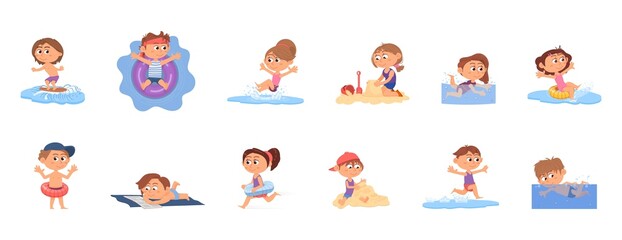 Swimming kids. Happy summer children, beach vacations. Pool holidays, cartoon boy girl with swim elements. Ocean little characters decent vector set
