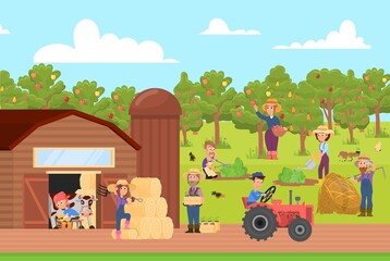 Cartoon farmers work on farm. Farmer on ground, natural market of fresh products. Agriculture, harvesting and gardening. Farming decent vector illustration