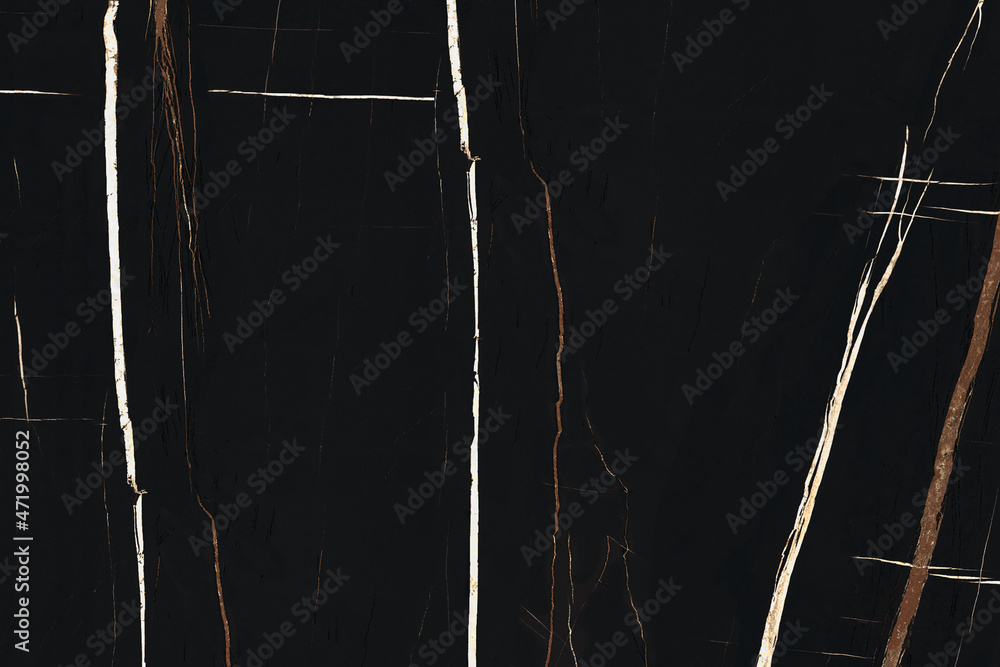 Poster Black marble texture background pattern top view. Stone granite wall with bright stripes. Luxury abstract patterns. Marbling design for banner, wallpaper, packaging design template.