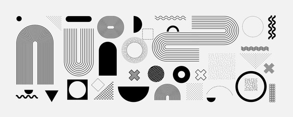 Abstract Bauhaus or Memphis geometric shapes and composition. Retro elements, geometric pattern for banner, poster, leaflet. Design background vector geometric - 471998003