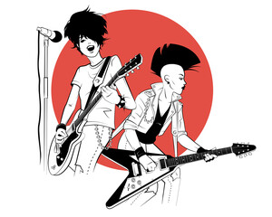 Two young women with electric guitars in sketch style on red background.