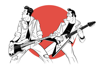 Rocker with electric guitar in sketch style on red background.