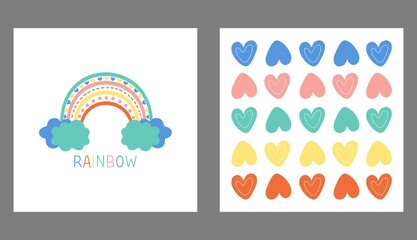 Vector illustration of bright rainbow and hearts