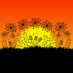 Illustration of a row of stylized grasses against a sunet background with space for text