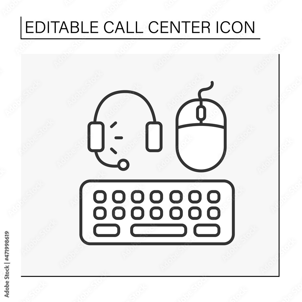 Poster devices line icon. electronic devices for work. headset, keyboard and computer mouse for help people