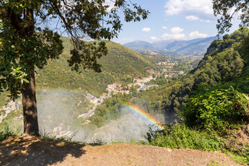 Rainbow formed by the water reflections of the Marmore Falls, Umbria, Italy. Upper Belvedere.