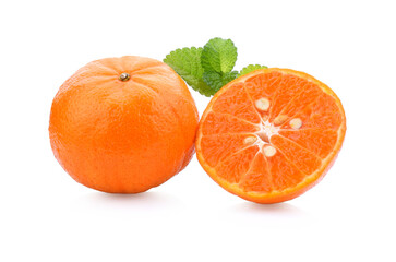 tangerine or mandarin fruit with leaves isolated on white background