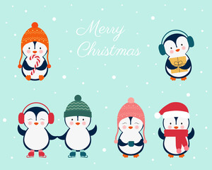 Set of cute penguins. Vector Illustration.