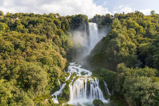 Panoramic view of the Marmore Falls, Umbria, Italy. Artificial waterfalls in Italy.
