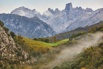 Autumn landscape in Asturias. Naranjo de Bulnes. Picu Urriellu. Spain