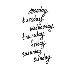Vector words of the days of the week: "Monday", "Tuesday", "Wednesday", "Thursday", "Friday", "Saturday", "Sunday" are isolated in the doodle style. Can be used as stickers for daily planner