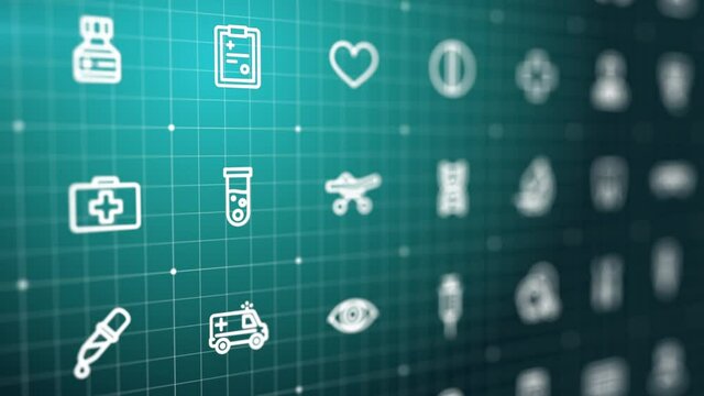 4K Abstract 3d animation. Healthcare technology, medicine background. Move, swipe, switch in virtual screen interface. Interaction system concept. Health care, medical, doctor line icon. Seamless loop