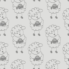 Seamless pattern with icon simple of cute lamb sheep holding a ball of wool
