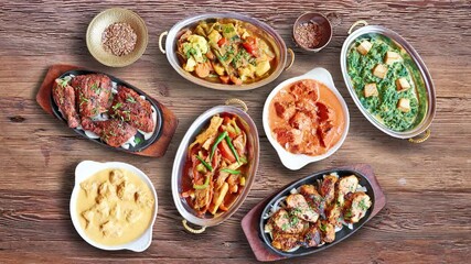 Textured walnut wooden table with Indian food animated and view from above