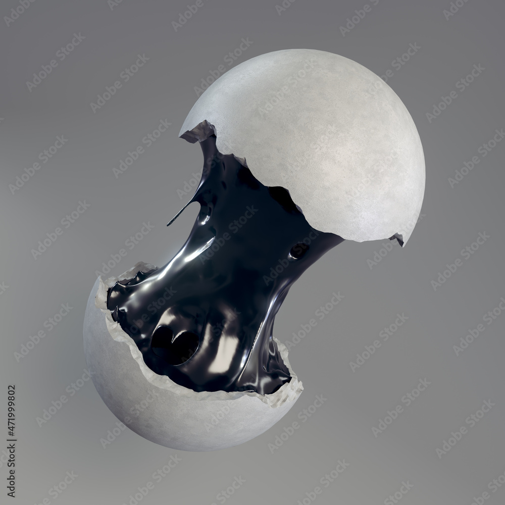 Poster digital illustration of splitting two halves of a stone sphere, glued together with black chewing gu
