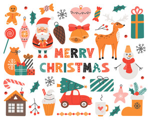 Christmas set with colorful elements, Santa, deer, car with Christmas tree, toys, gifts, vector illustration in flat style