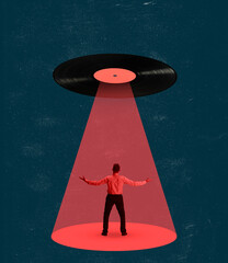 Contemporary art collage of man in the red spotlight from vinyl record isolated over blue background