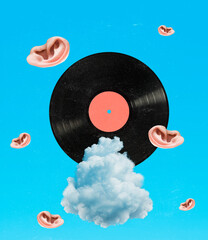 Contemporary art collage of vinyl record and human ears flying ruound isolated over blue background