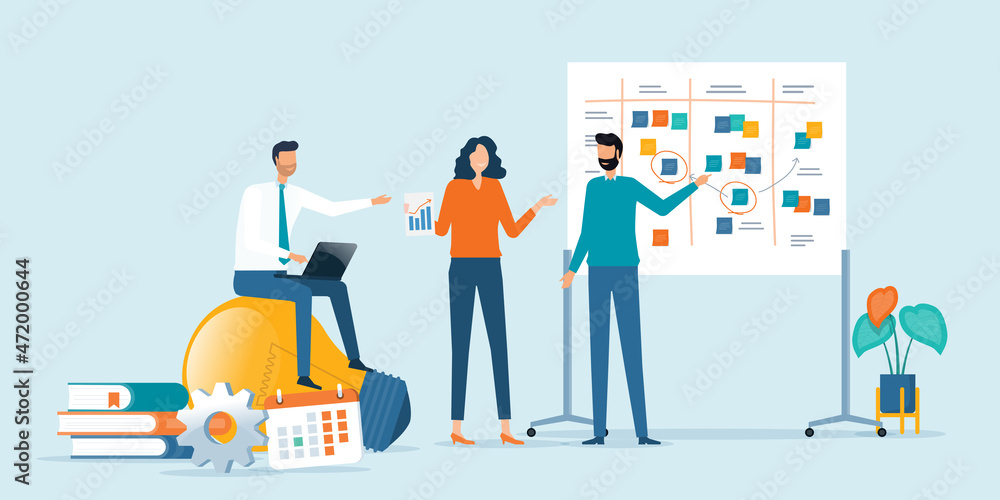 Poster Flat vector illustration design group business people team meeting talking brainstorming for Business marketing planning concept with color sticky note on whiteboard. set cartoon character design.