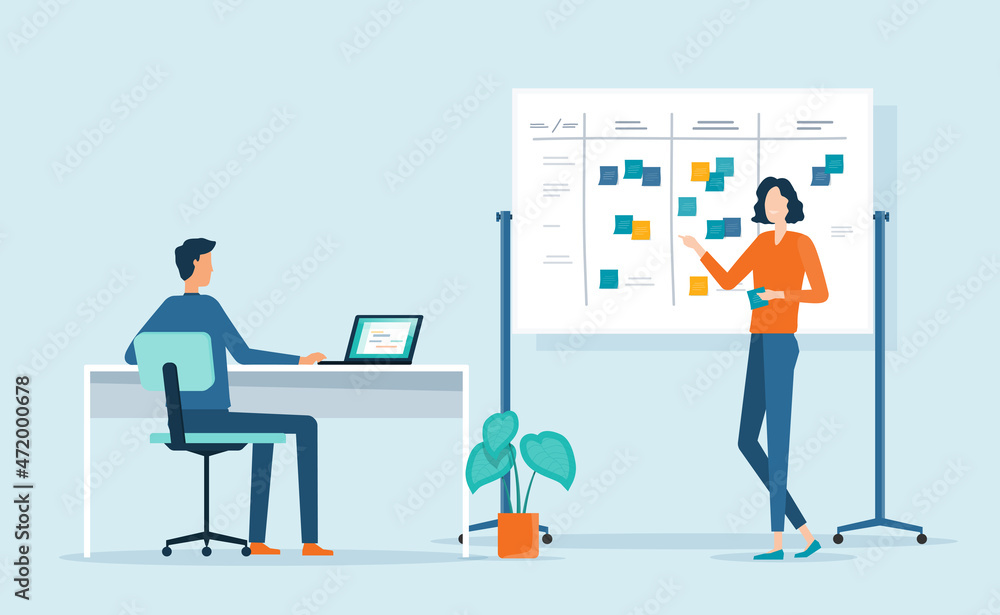 Poster flat vector illustration design group business people team meeting talking brainstorming for busines