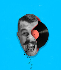 Contemporary art collage of man's head with half vinyl record isolated over blue background