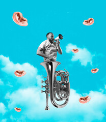 Contemporary art collage of man into trumpet aruound flying ears shouting in megaphone isolated over sky background