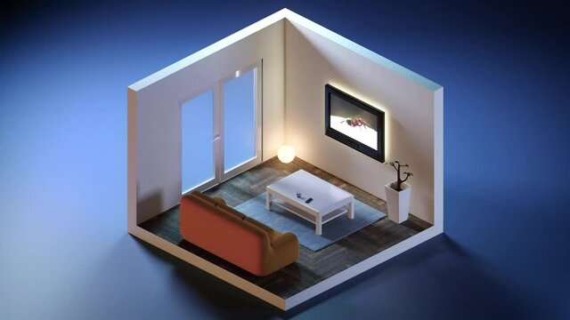 Animated 3D Isometric view of a living room coming together