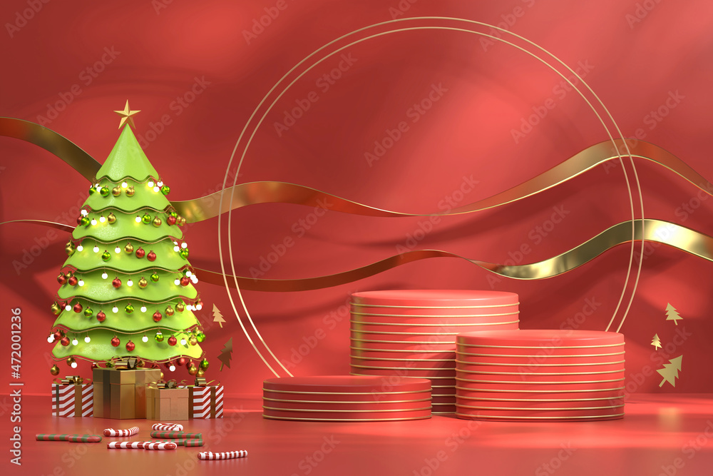 Aufkleber merry christmas event product display podium with decoration background 3d rendering