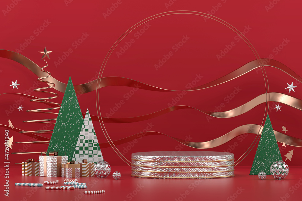 Poster merry christmas event product display podium with decoration background 3d rendering
