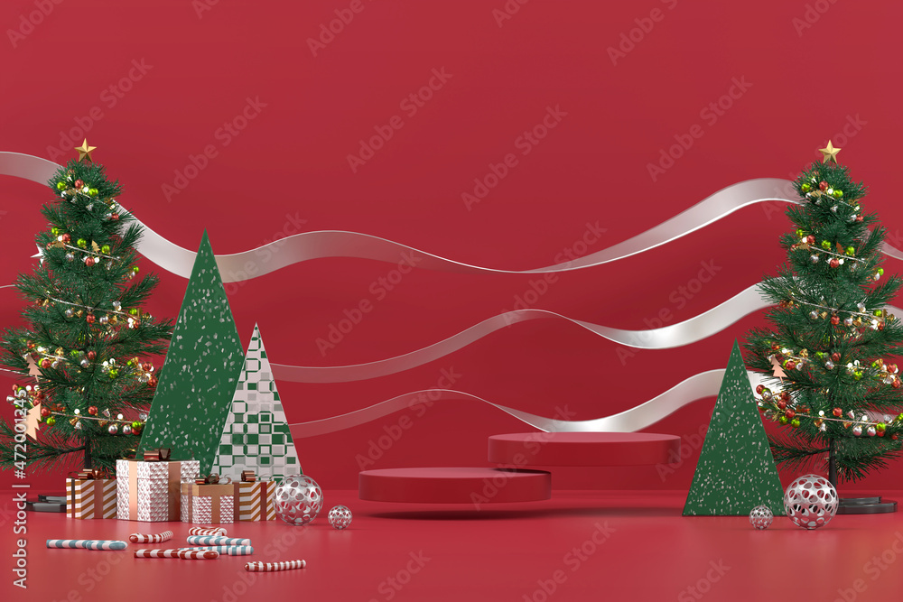 Poster merry christmas event product display podium with decoration background 3d rendering