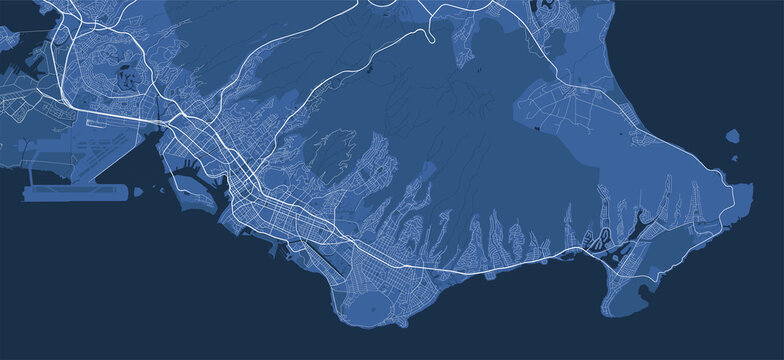 Detailed vector map poster of Honolulu city, linear print map. Blue skyline urban panorama.