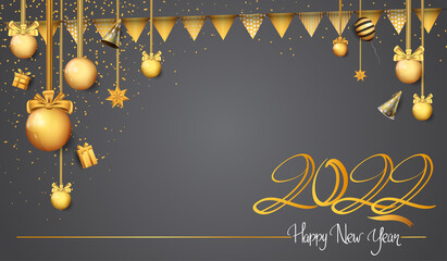 happy new year 2022 golden number with ribbon and party element isolated on black background