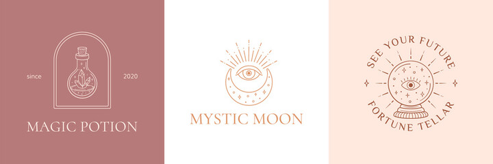 Mystic crescent moon logo vector. Magic crystal ball. Boho bottle potion. Vector stock illustration