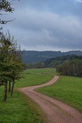 In Saarland forests, meadows and solitary trees in autumn look.