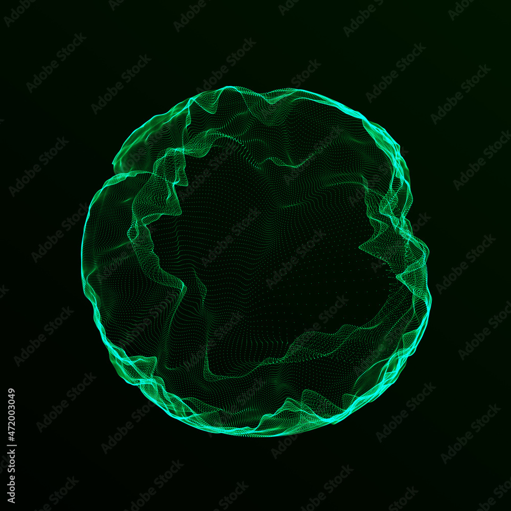 Poster spherical equalizer for music. round sound wave of particles. musical abstract green background. 3d 