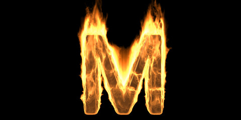 Fire alphabet letter M burning flame. Hot fiery font glowing, black background. 3d illustration