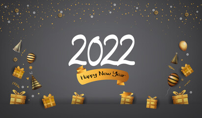 happy new year 2022 white number with gift box isolated on black background