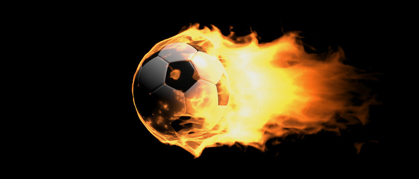 Burning soccer ball on black background. Fire flame football, fiery energy game. 3d illustration