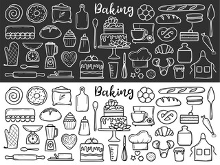 MobileInsulated baking set. Cute hand drawn kitchen utensils and baked goods with desserts. vector illustration in white and black outline