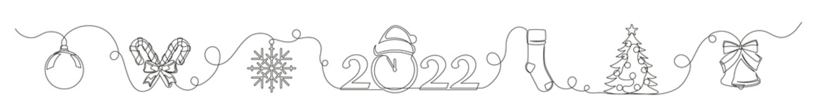 Continuous line of Christmas elements ball, candy, snowflake, Santa hat, tree and bell. Concept theme Merry Christmas and Happy New Year. Vector illustration