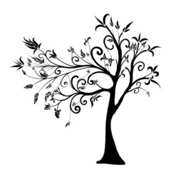 Obraz premium creative tree with curls and curved branches and pointed leaves, black silhouette